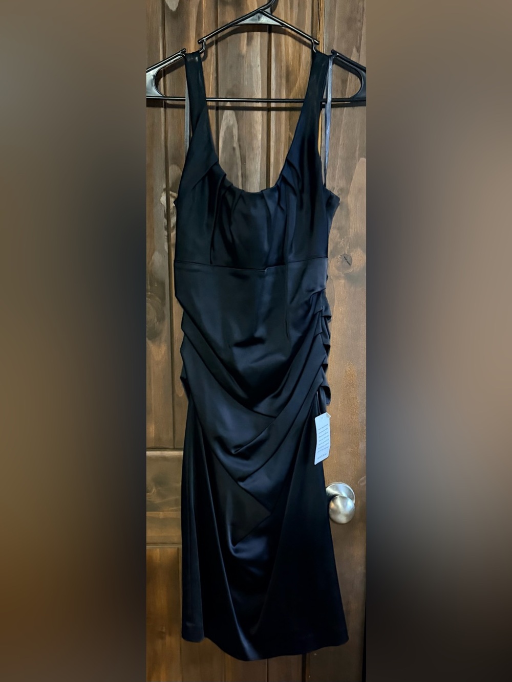 Sleek Black Satin Midi Dress with Side Ruched Detail